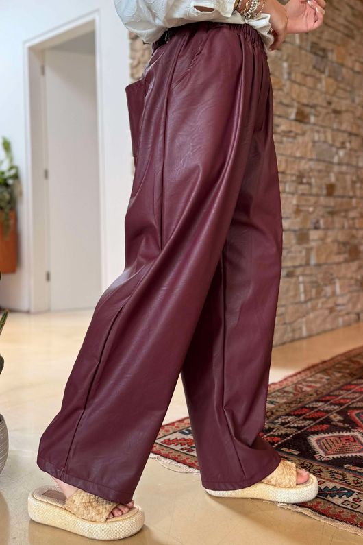 Made in Italy Runa Leather Look Tapered Barrel Pant Burgundy